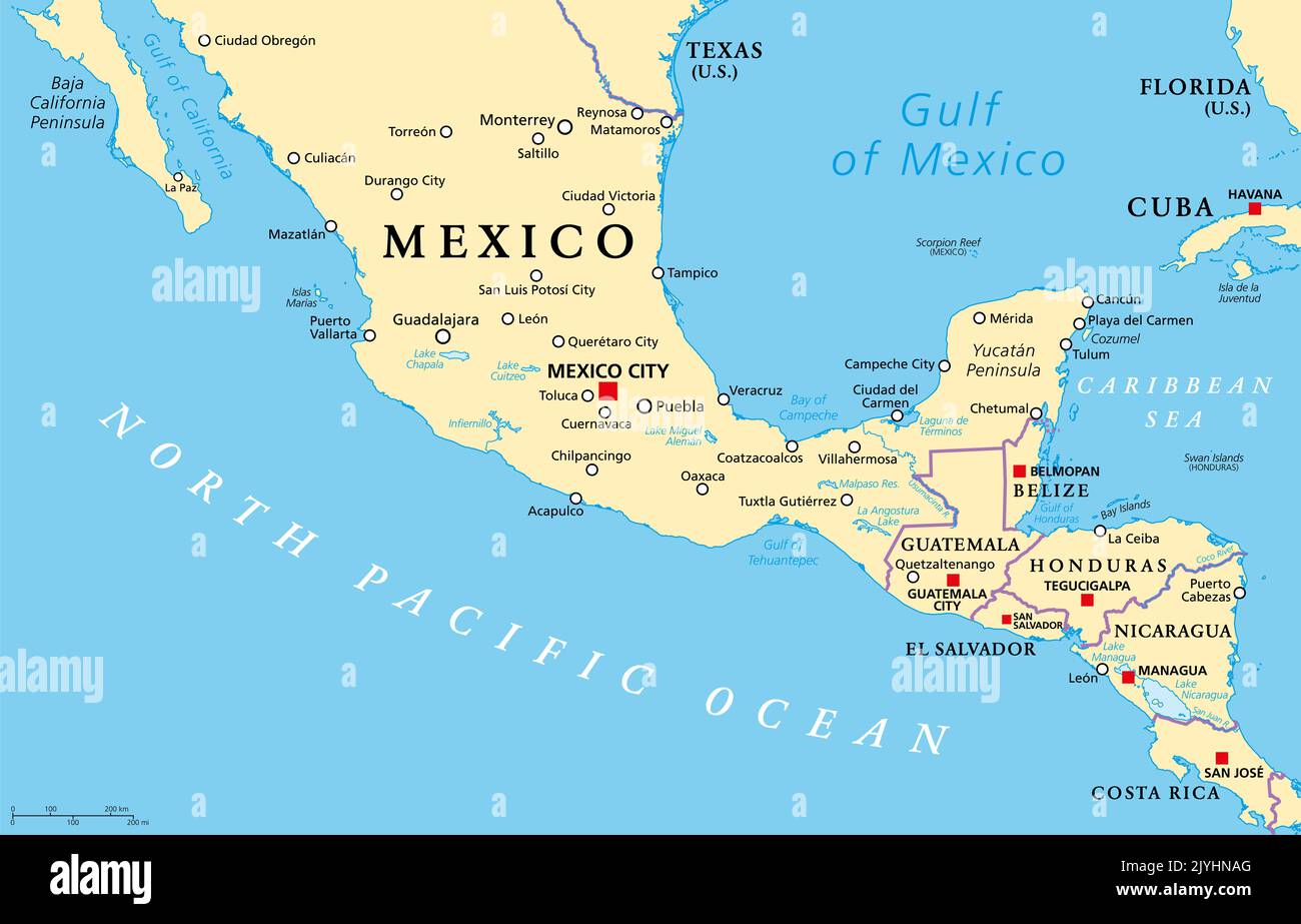 Mesoamérica, mapa político. Región histórica y área cultural en el sur de América del Norte y la mayor parte de América Central, desde México hasta Costa Rica. Foto de stock