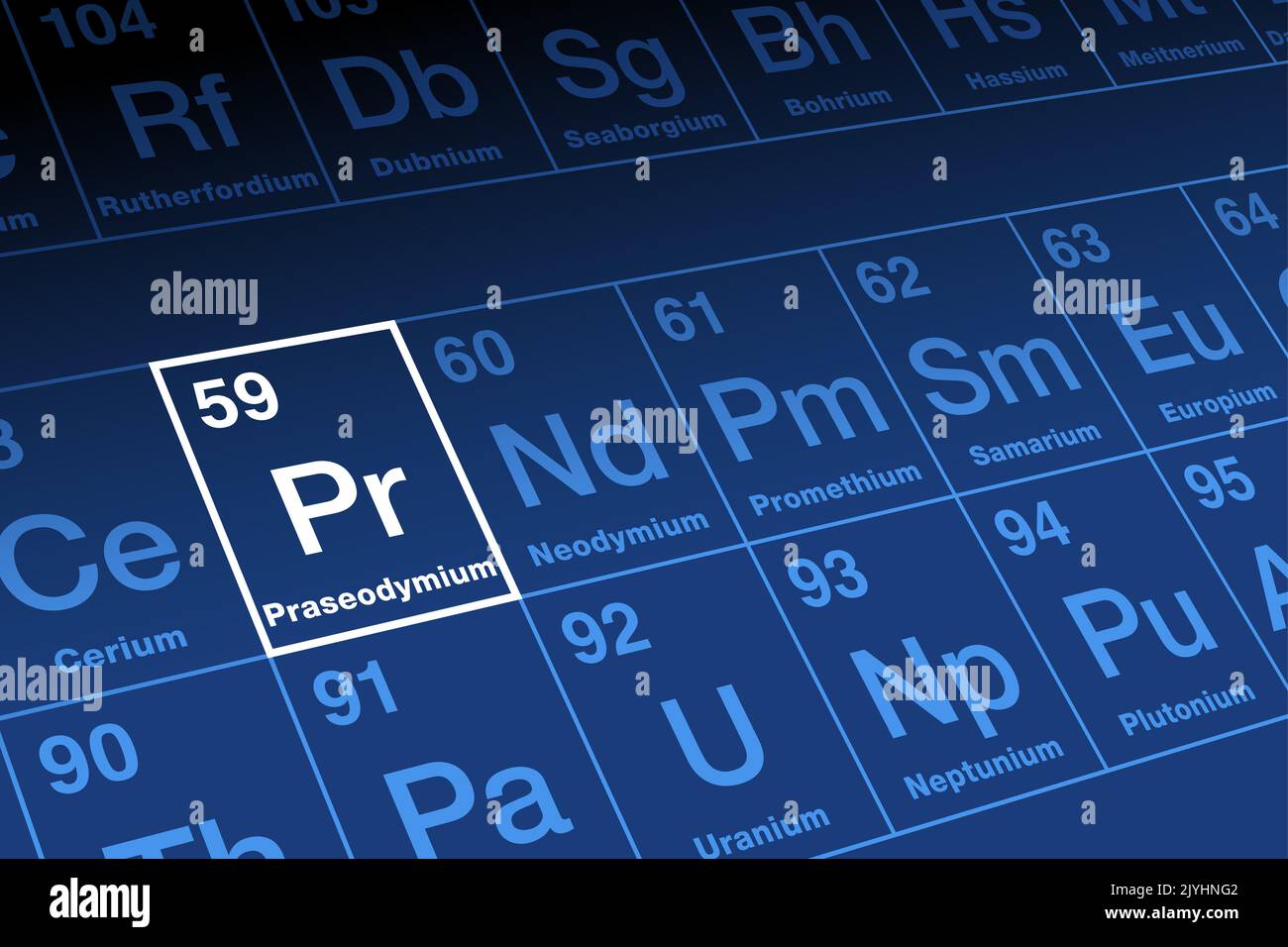 Praseodimio, sobre tabla periódica, en la serie de lantanidos. Metal de tierras raras con número atómico 59 y símbolo Pr. Foto de stock