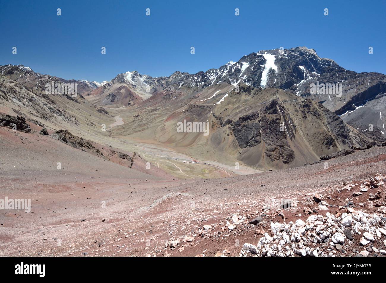 Valle de la Quebrada de Matienzo visto desde el paso del Cristo Redentor de los Andes, Cordillera de los Andes, Provincia de Mendoza, Argentina Foto de stock