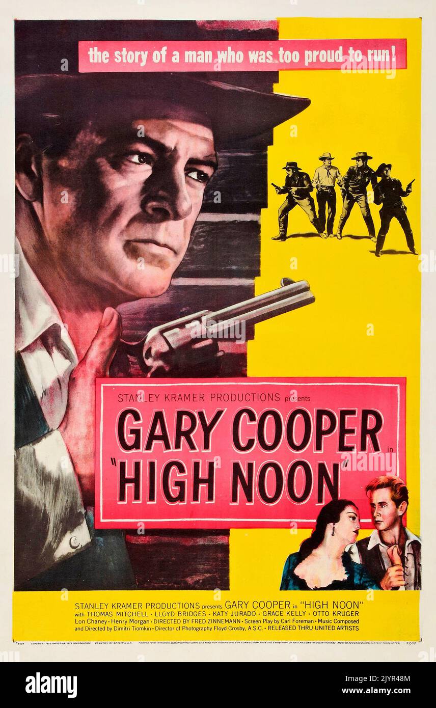 Póster clásico para el estreno estadounidense de la película de 1952 High Noon feat Gary Cooper - Western movie Foto de stock