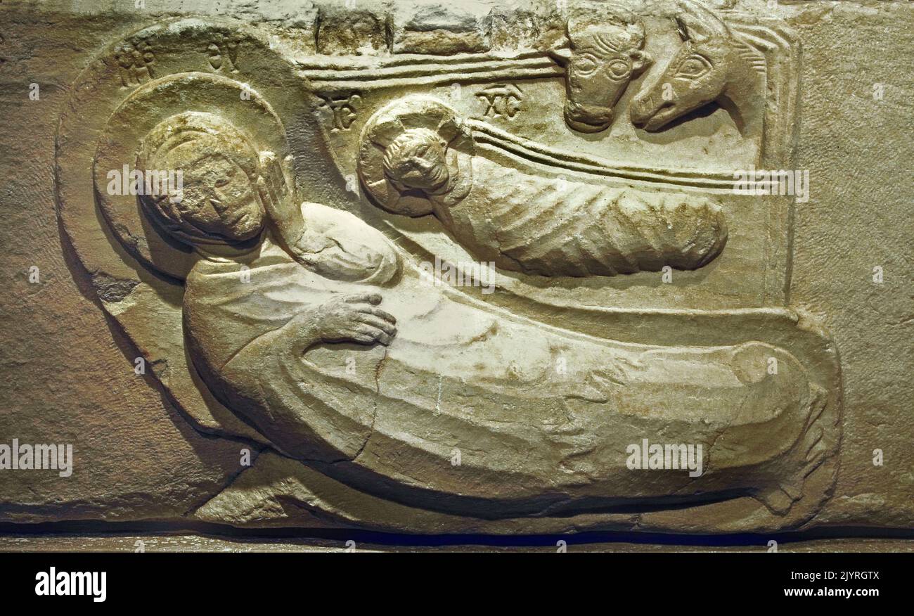 Losa de mármol con representación en relieve del Museo de la Natividad, Bizantino y Cristiano de Atenas, Foto de stock
