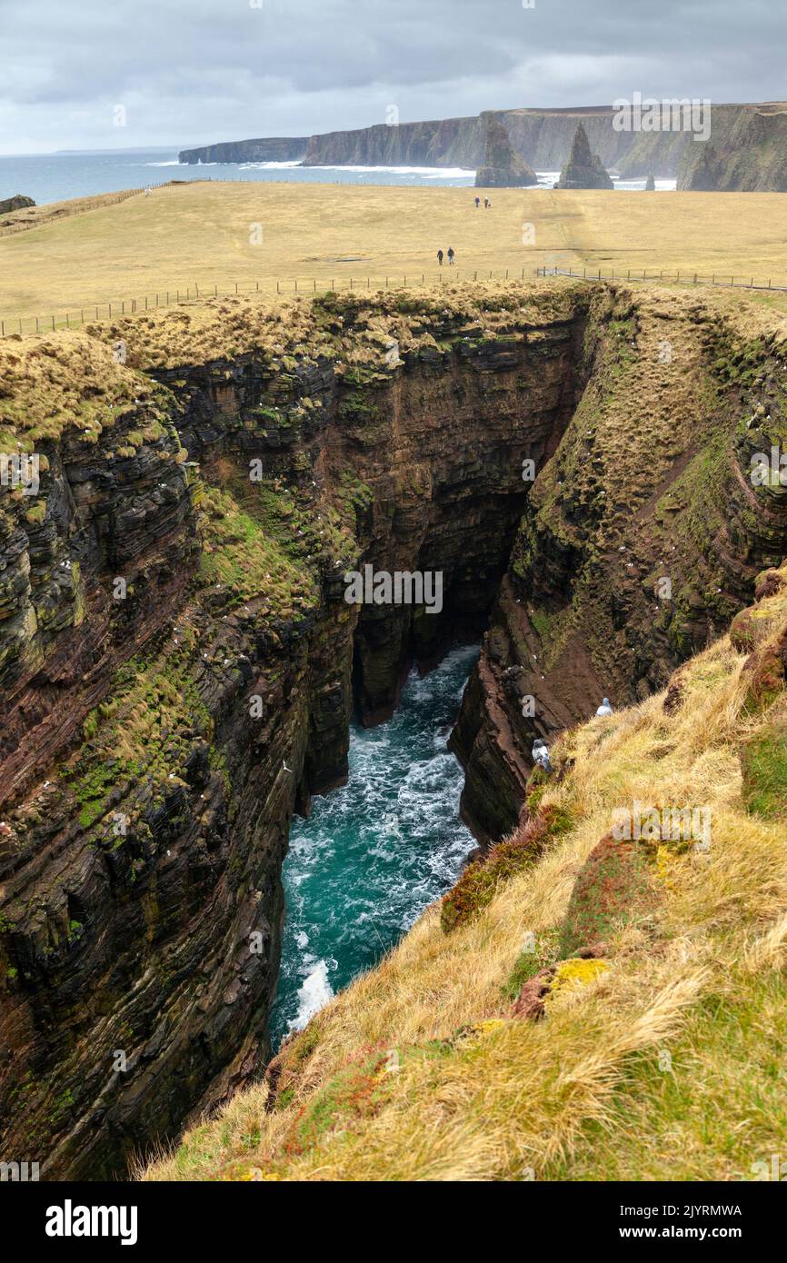 Un Geo profundo con escarpados acantilados en Duncansby Head, John O'Groats Foto de stock