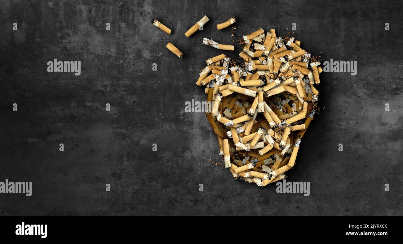 Los peligros de fumar y el daño a la salud como un concepto médico con cigarrillos en forma de cráneo humano como una adicción a la nicotina y fumador adicto. Foto de stock