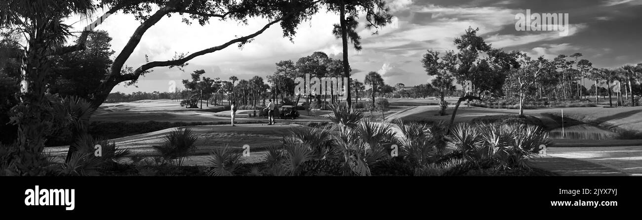 Campo de golf con dos hombres en tee. Fotografía panorámica, ángulo muy amplio con luz matutina. No hay multitudes, tranquilo y sereno. Foto de stock