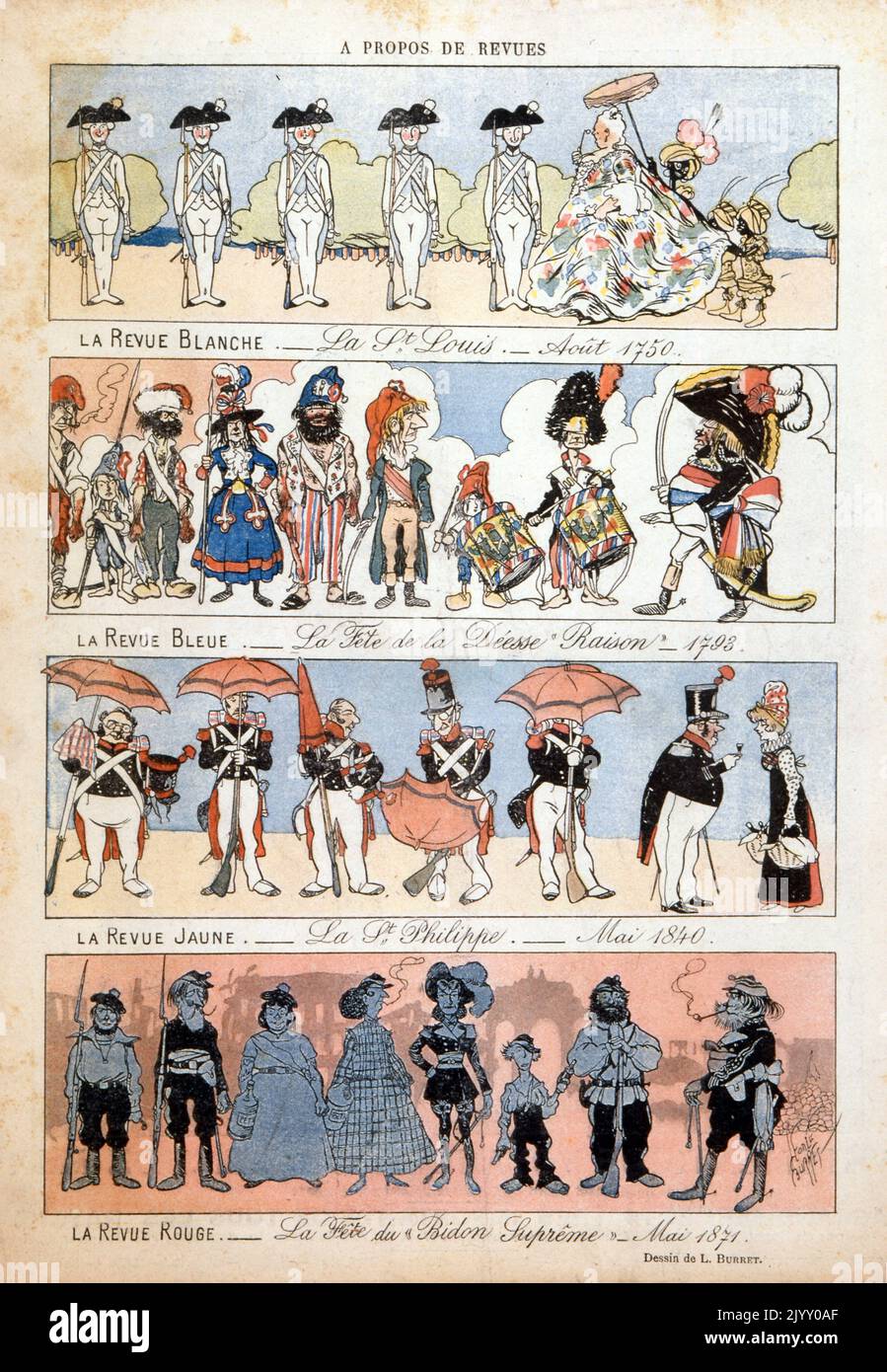 Caricatura Ilustración que representa una comparación de desfiles de moda a través de 120 años de historia francesa. Revista 'Le Rire' 1902 Foto de stock