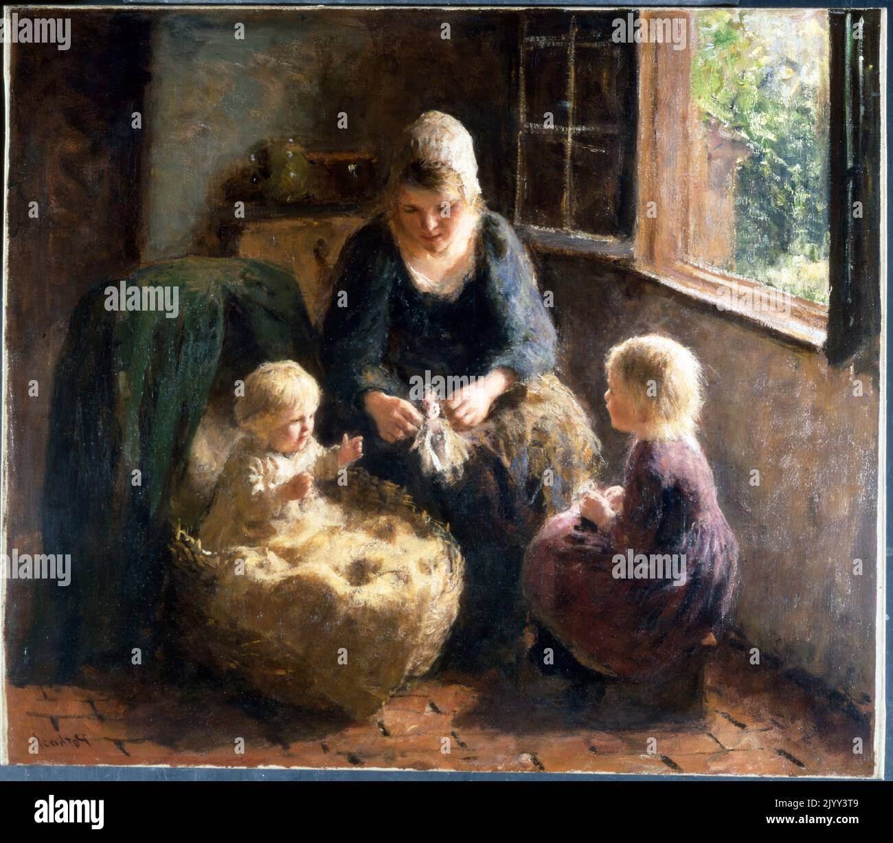 Playing with the Baby circa 1912 de Bernard Pothast (1882-1966), pintor holandés de origen belga. Sus temas consistían en madres con sus hijos, utilizando el Realismo Académico Tradicional para crear retratos de la maternidad. Foto de stock