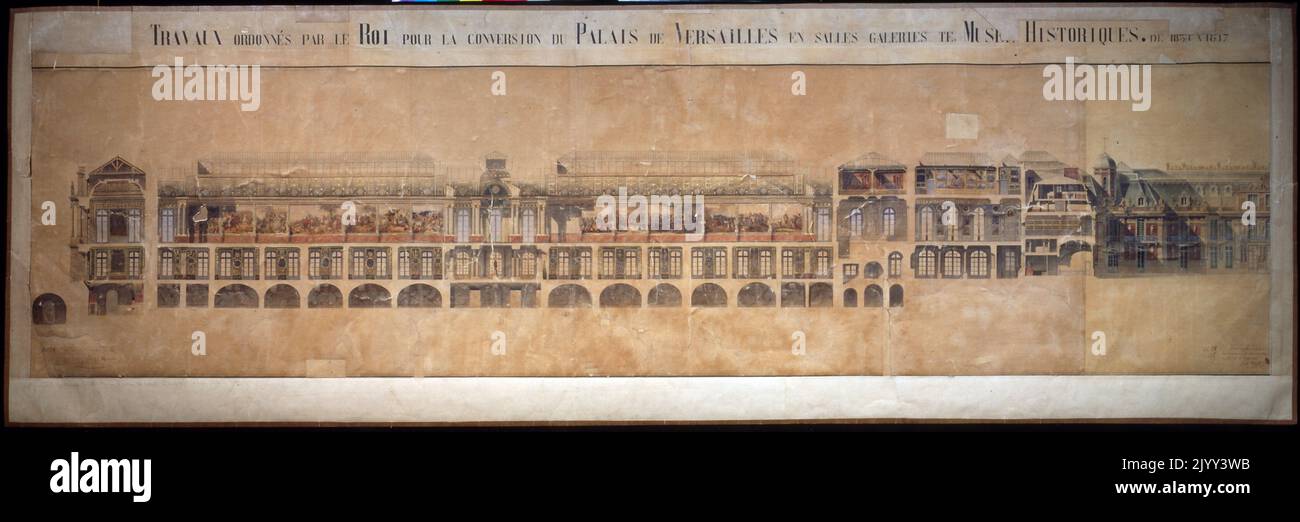 Plan arquitectónico para la conversión del Palacio de Versalles para convertirse en un museo de historia francesa. Ordenado por el rey Louis Phillipe. El museo estaba situado en el Aile du Midi (Ala Sur), que durante el régimen de Ancien había sido utilizado para alojar a los miembros de la familia real. Se inició en 1833 y se inauguró el 30 de junio de 1837. Su sala más famosa es la Galerie des Batailles (Salón de las Batallas), que se encuentra en la mayor parte de la longitud del segundo piso Foto de stock