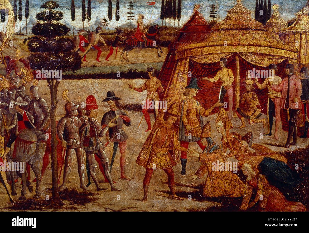 Batalla de Isso y la clemencia de Alejandro Magno por la familia de Darío III Aceite de mediados del siglo 15th sobre panel de madera de álamo por Apollonio di Giovani. Foto de stock