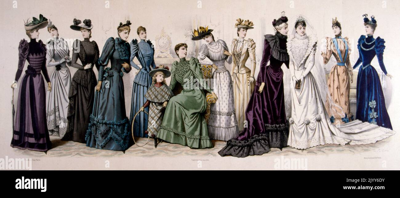 Ilustración en color titulada 'Panorama de la moda para la temporada de otoño e invierno de 1890' en Le Moniteur de la Mode Editions ; grupos de damas en vestidos ornamentados. Foto de stock