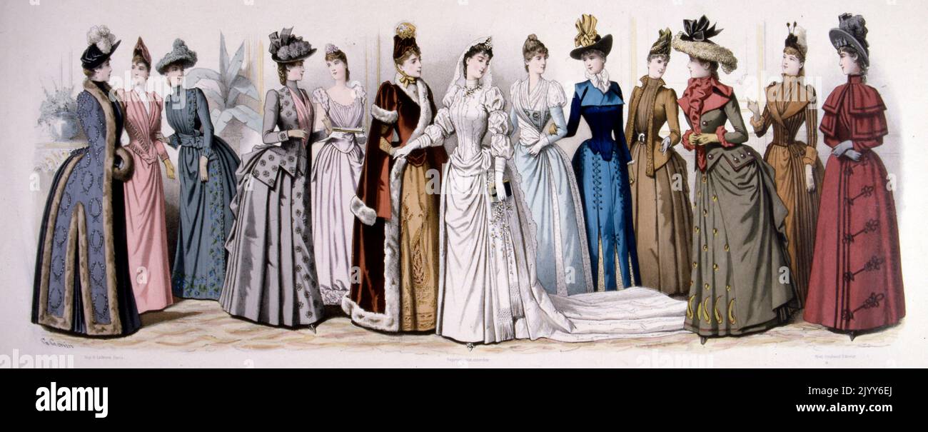 Ilustración en color titulada 'Panorama de la moda para la temporada de invierno de 1888' en Le Moniteur de la Mode Editions; grupos de damas en vestidos ornamentados. Foto de stock