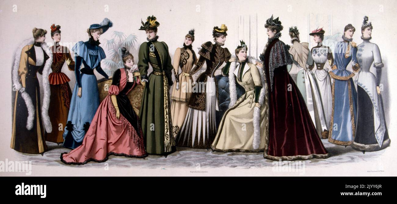 Ilustración en color titulada 'Panorama de la moda para la temporada de otoño e invierno de 1891' en Le Moniteur de la Mode Editions ; grupos de damas en vestidos ornamentados. Foto de stock