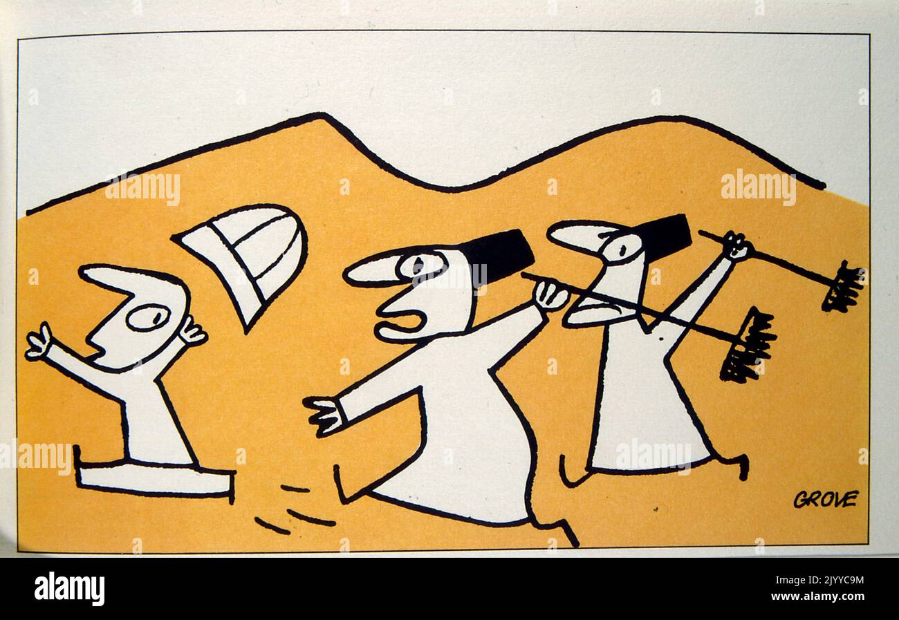 Dibujo sencillo de dos hombres marroquíes persiguiendo a otro hombre lejos. Foto de stock