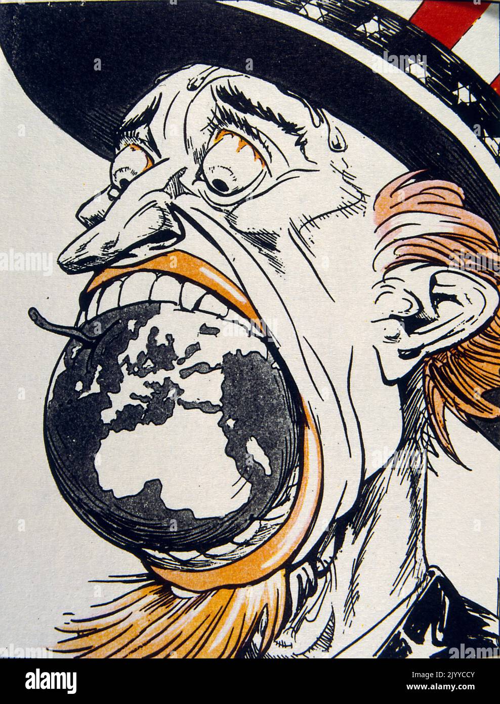 Ilustración satírica que representa al Tío Sam con su boca rellena de una manzana en forma de Ilustración satírica que representa al Tío Sam con su boca rellena de una manzana en forma de