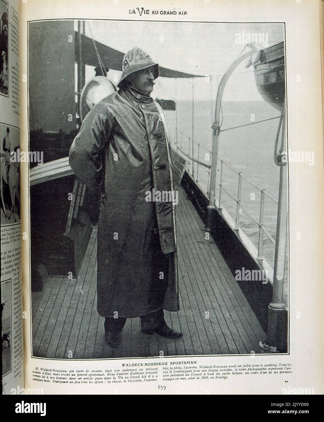 De la revista La Vie au Grand Air (La vida al aire libre); fotografía en blanco y negro de Pierre Waldeck-Rousseau en un obituario que celebra su vida como deportista: Corredor, ciclista, automovilista, pescador y tirador. Esta foto es de él a bordo de su barco en Noruega en 1902. Foto de stock