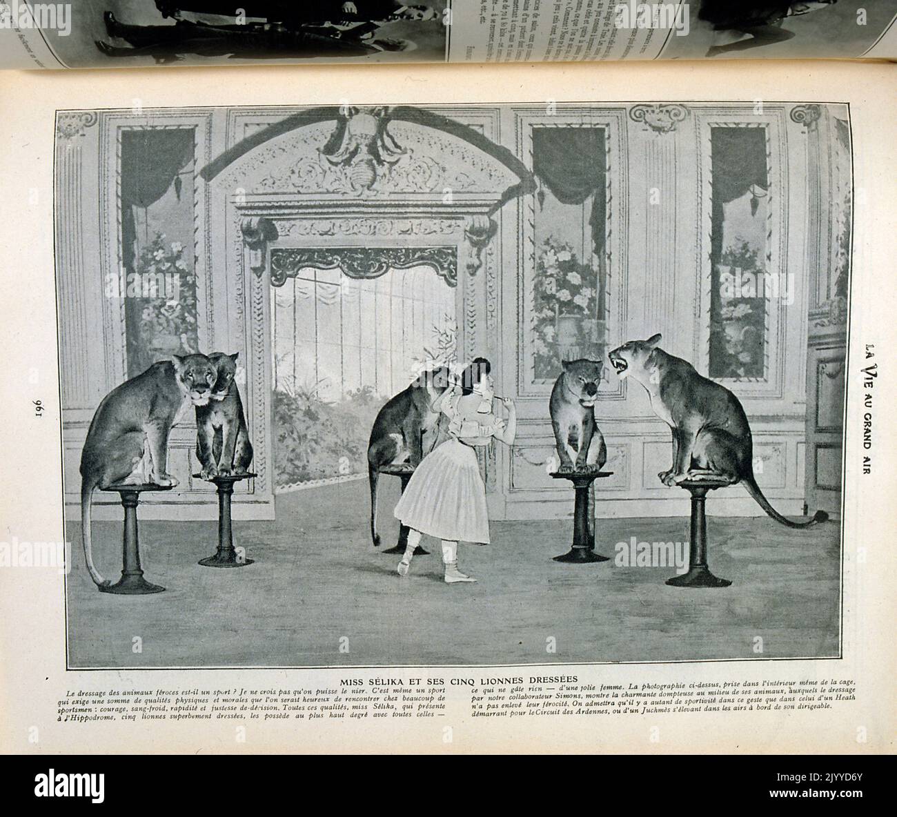 De la revista La Vie au Grand Air (La vida al aire libre); ilustración en blanco y negro de una dama domando leones en un gran salón de baile. Su nombre es Selika. Foto de stock