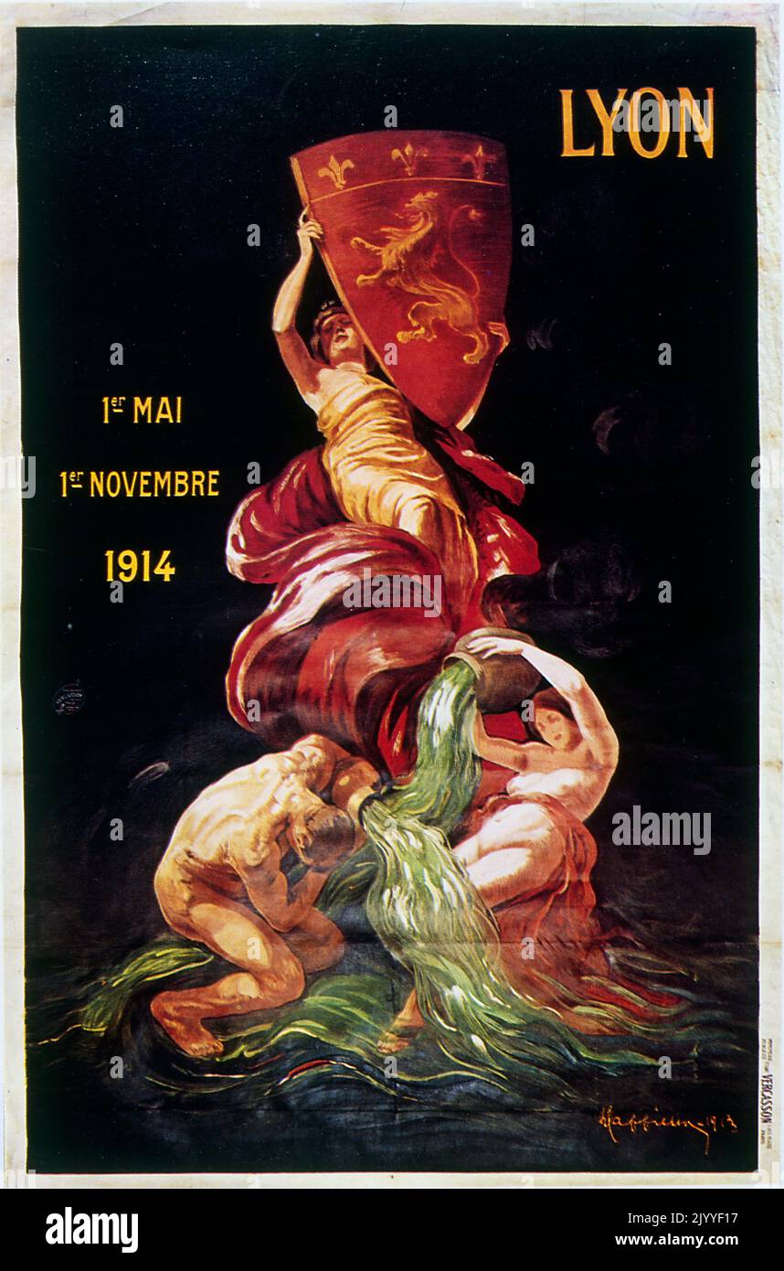 Carteles patrióticos de color que anuncian la Feria Mundial de Lyon. Las exposiciones alemanas y austriacas cerraron a principios del 2 de agosto de 1914 debido al inicio de la Primera Guerra Mundial. Foto de stock