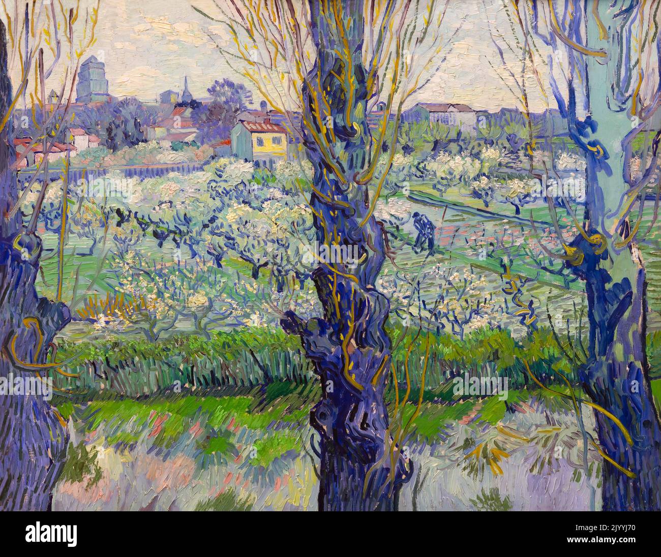 Vista de Arles, huertos de flores, Vincent van Gogh, 1889, Neue Pinakothek, Munich, Alemania, Europa Foto de stock