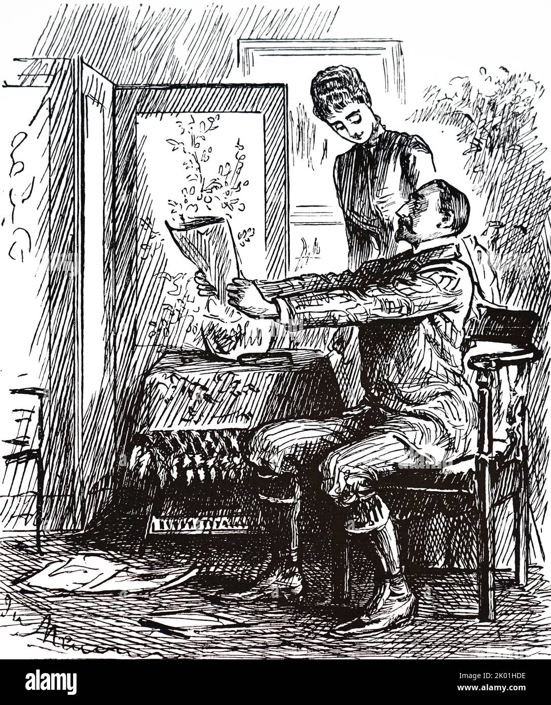 Presbicia. Dibujo animado por George du Maurier de Punch, Londres, 29 de octubre de 1887. Foto de stock
