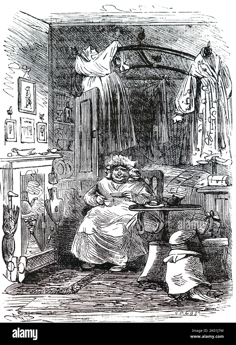 Sarah GAMP bebiendo té en su apartamento, su paraguas junto a la chimenea. Ilustración de Phiz para Charles Dickens. De Penny Readings, Cassel, Petter & Galpin, Londres, nd. c.1880. Foto de stock