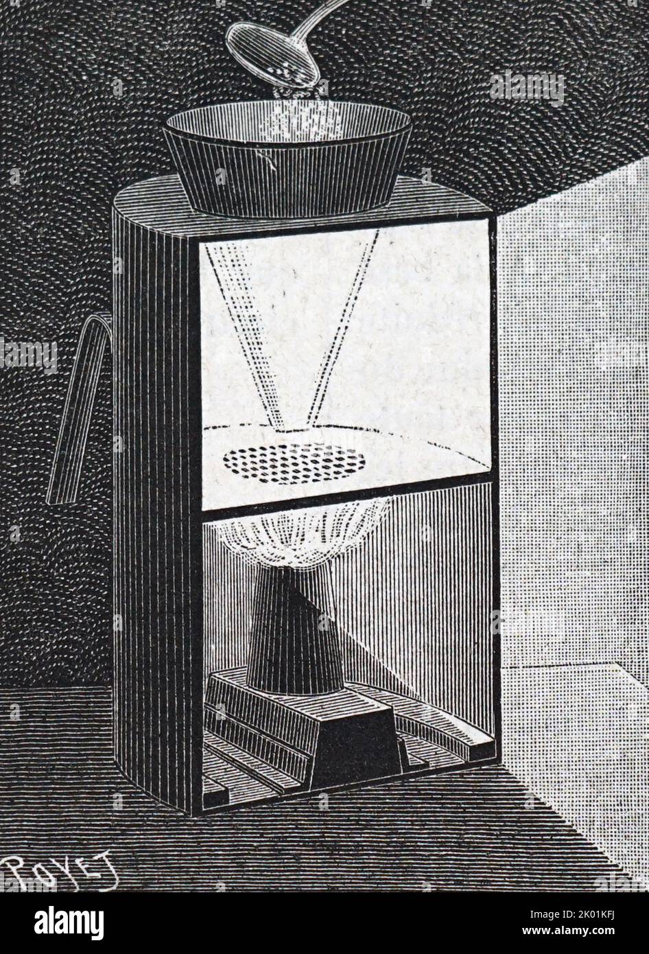 Aparato para quemar una mezcla de clorato de magnesio y potasio para producir efectos de humo en el escenario de la Ópera de París, 1891. Foto de stock