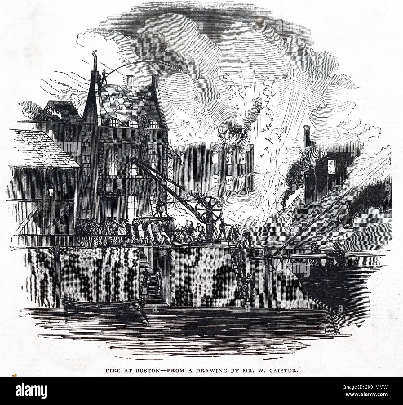 Gran incendio en Boston, Lincolnshire, que destruyó la Custom House, dos tabernas y granerías. Foto de stock
