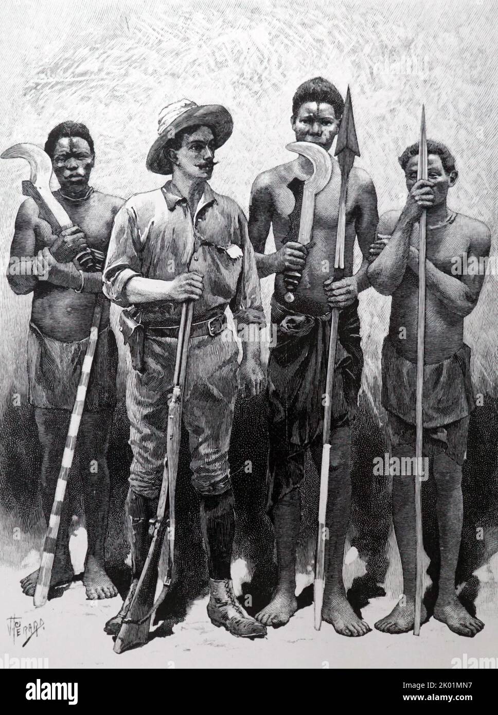 Herbert Ward con algunos de sus guías nativos durante su expedición al Congo. Nueva York, 1890. Foto de stock
