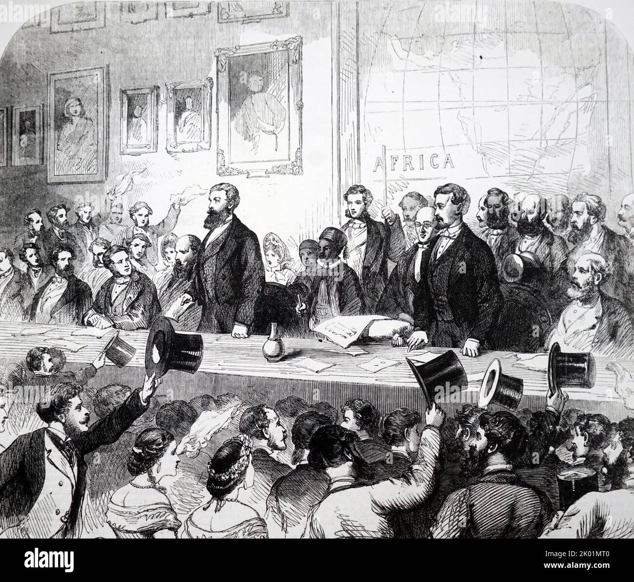 John Hanning Speke (1827-64) y James Augustus Grant (1827-92) fueron recibidos por la Royal Geographical Society en su regreso de su expedición de 1860-63 para descubrir el azote del Nilo. Foto de stock