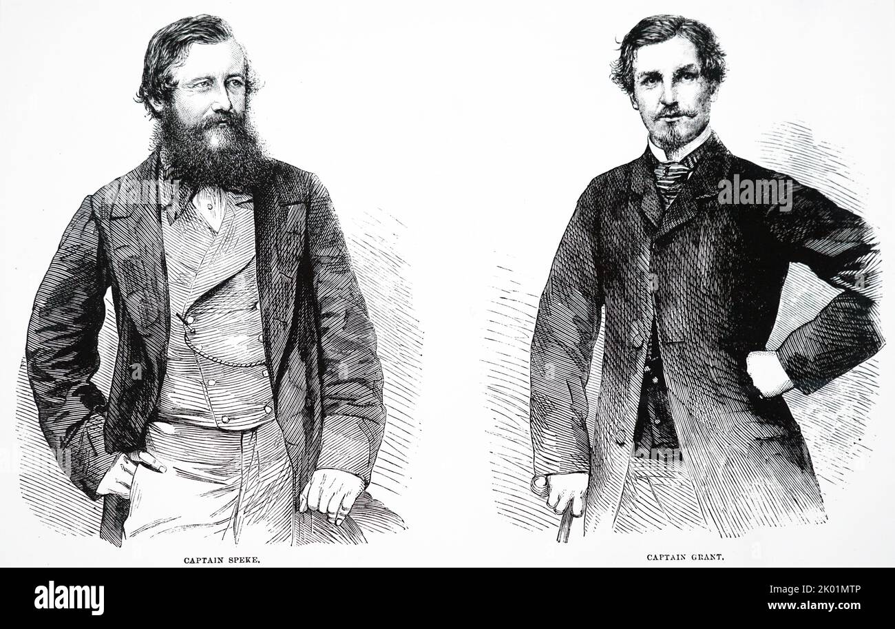 John Hanning Speke (1827-64) y James Augustus Grant (1827-92) regresan de su expedición de 1860-63 para descubrir el azote del Nilo. Foto de stock