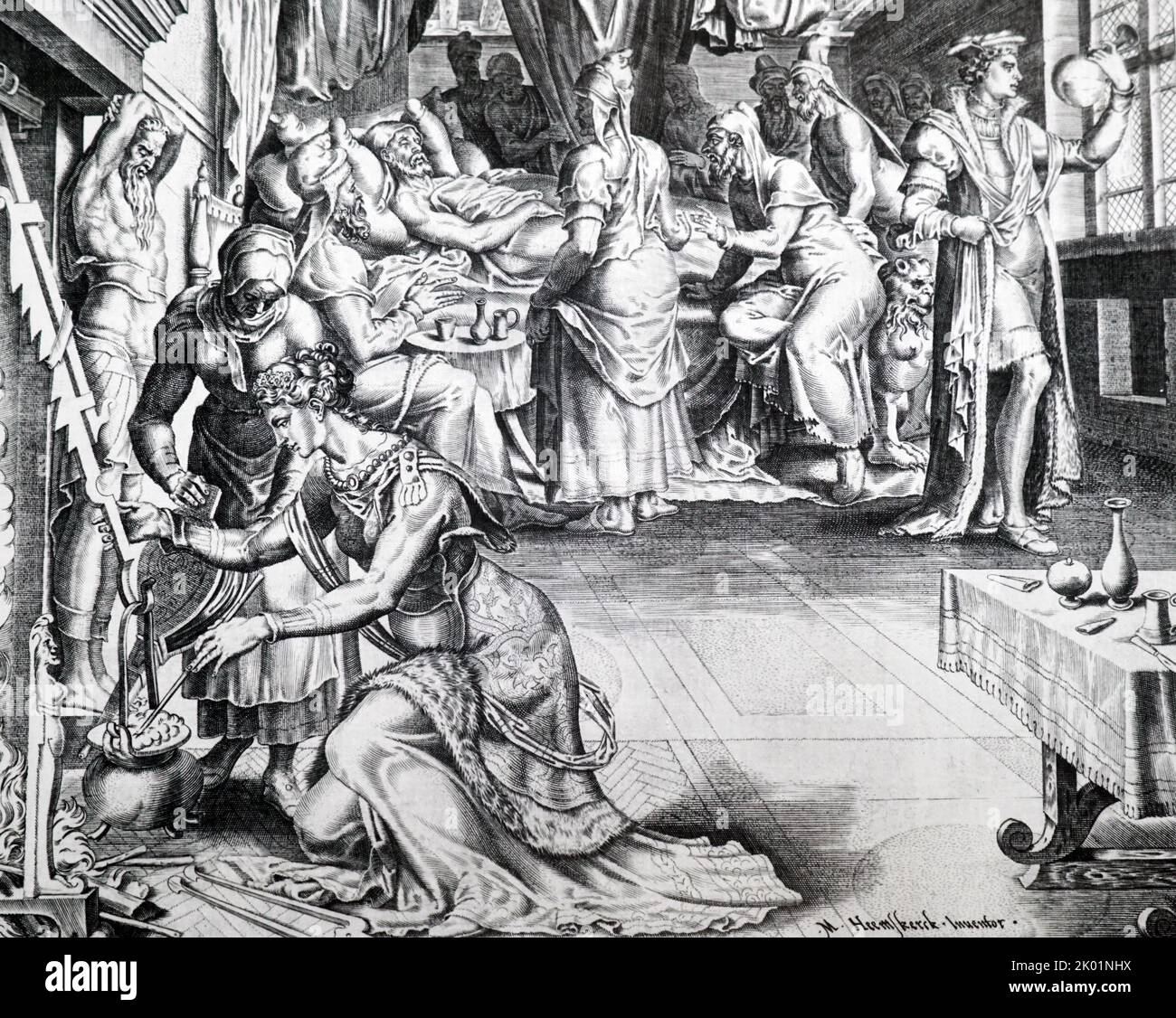 Tamar amamantando a su hermanastro Amnon (Samuel II. XIII). Tamar cocina  comida para Amnon sobre un fuego abierto mientras sus amigos se reúnen  alrededor de la cama enferma y el médico examina