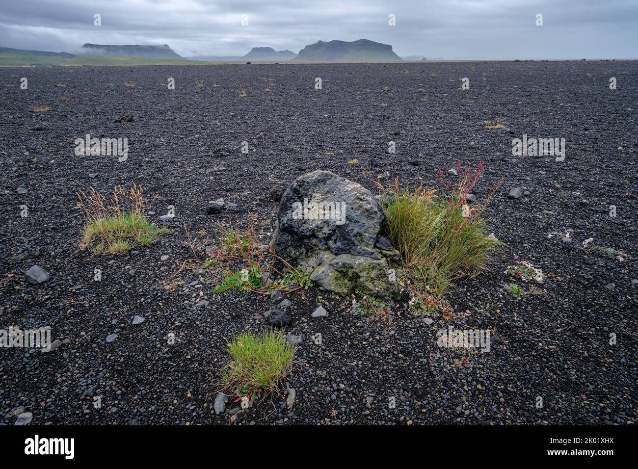El desolado paisaje a través de la que se camina para llegar a los aviones naufragados en Solheimasandur, Islandia Foto de stock