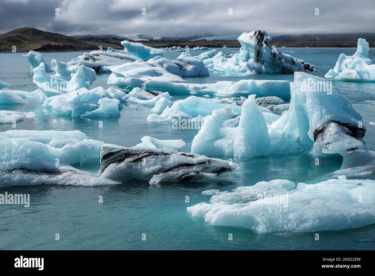 Icebergs que se han desprendido del glaciar Breidamerkurjokull flotando hacia el mar en la laguna glacial Jokulsarlon, Islandia Foto de stock