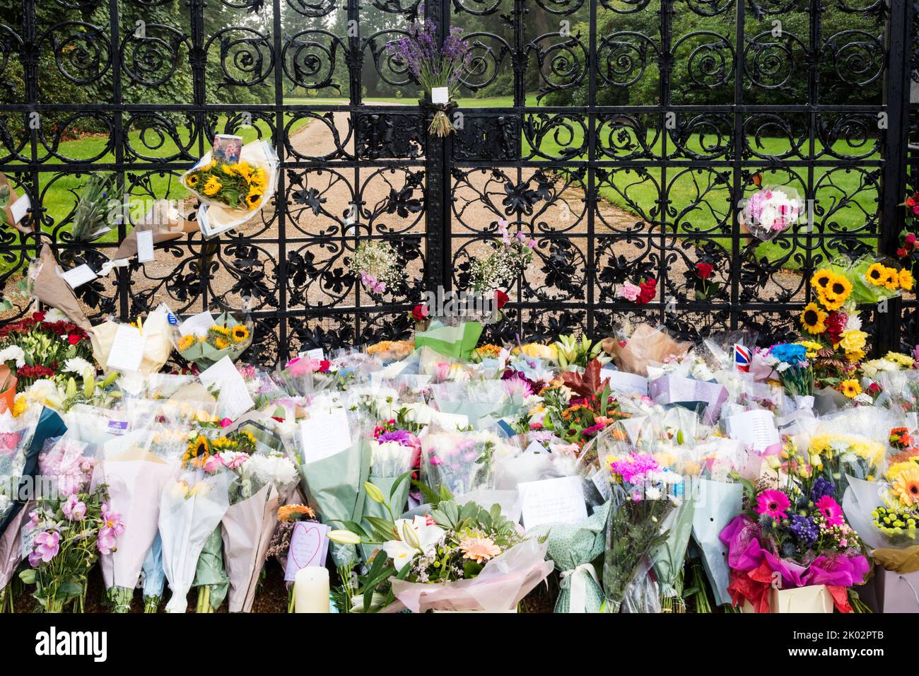 Flores dejadas por el público en las puertas de Norwich a la casa de Sandringham durante el período de luto público después de la muerte de la reina. Foto de stock