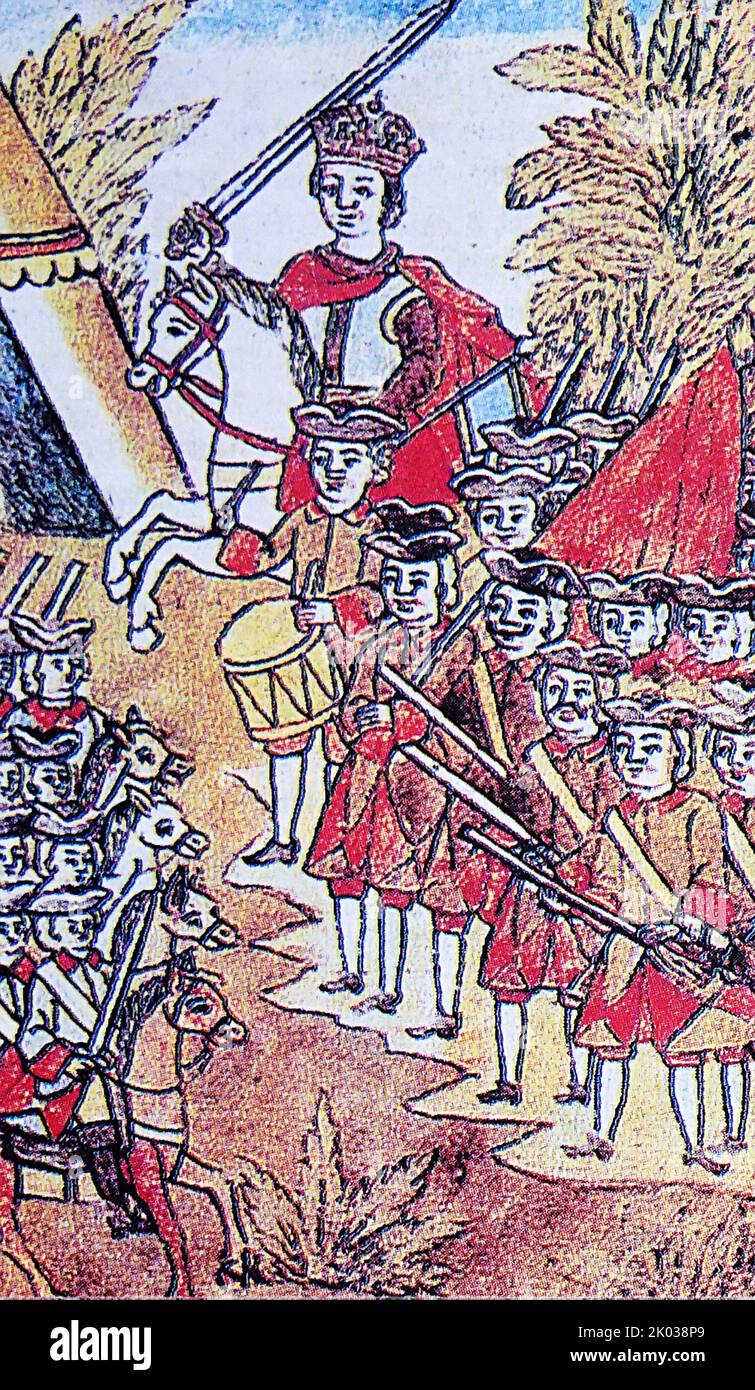 Alrededor del principio del siglo 18th, el regimiento de artillería del zar ruso Pedro el Grande atacando a Prcobrajenskvy, cerca de Moscú 1720 Foto de stock