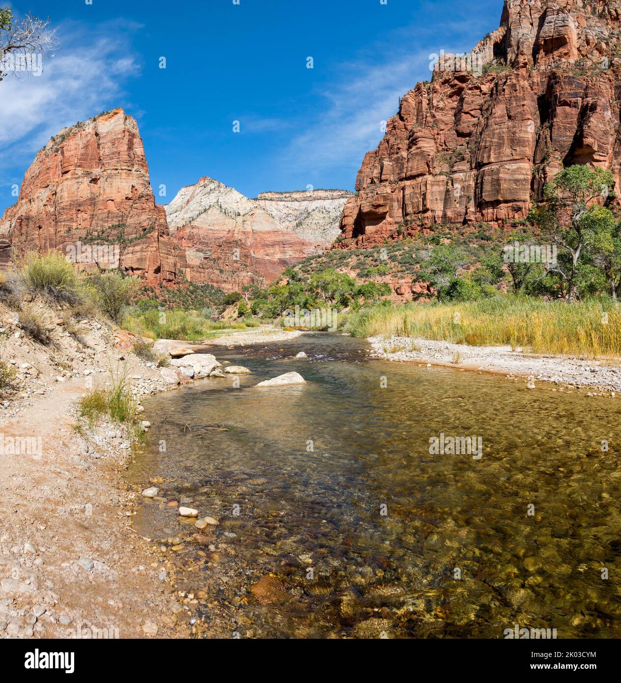 El Parque Nacional Zion está ubicado en el suroeste de Utah en la frontera con Arizona. Tiene una superficie de 579 kö² y se encuentra entre 1128 m y 2660 m de altitud. Paisaje en el Cañón Zion en el West Rim Trail. Vista del valle de Angels Landing. Foto de stock