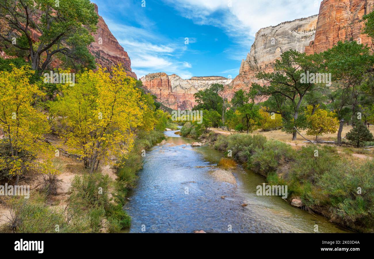 El Parque Nacional Zion está ubicado en el suroeste de Utah en la frontera con Arizona. Tiene una superficie de 579 kö² y se encuentra entre 1128 m y 2660 m de altitud. Zion Canyon, Virgin River, en el estacionamiento Emerald Pools Trail. Foto de stock