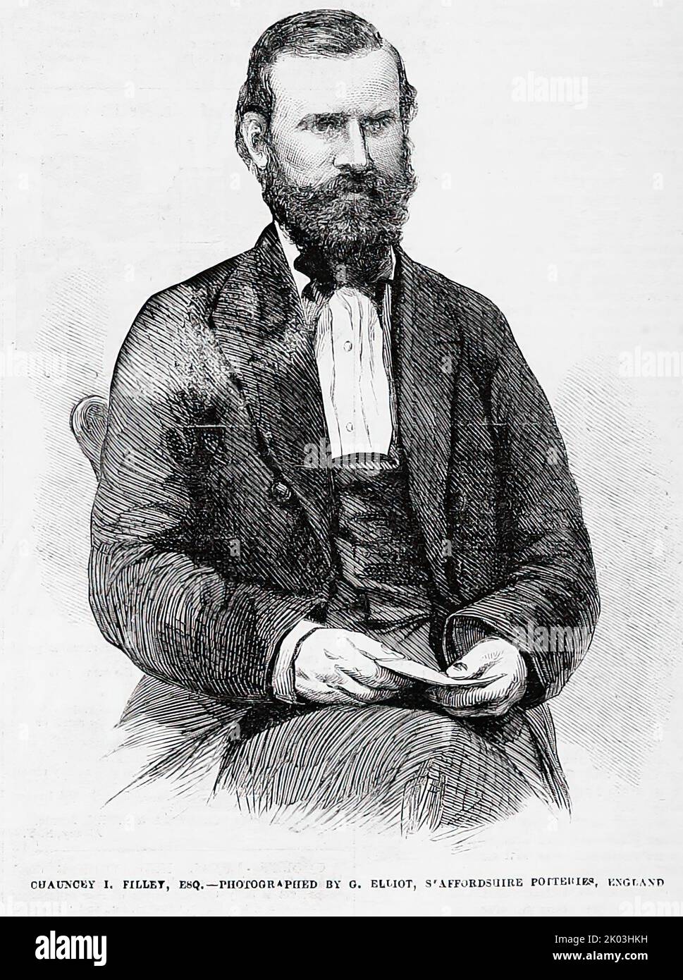 Retrato de Chauncey Ives Filley (1860). Ilustración del siglo 19th del periódico ilustrado de Frank Leslie Foto de stock
