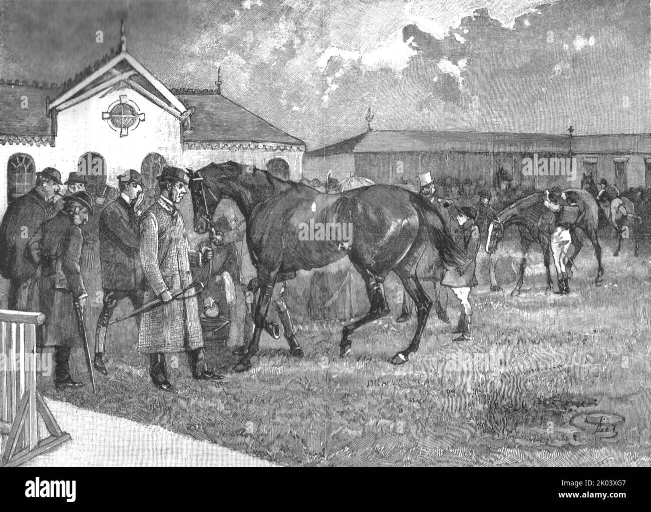 'The Racing Season- Notes at Newmarket; Inspecting the Favorite', 1890. De The Graphic. Un Diario Semanal Ilustrado, Volumen 41. De enero a junio de 1890. Foto de stock