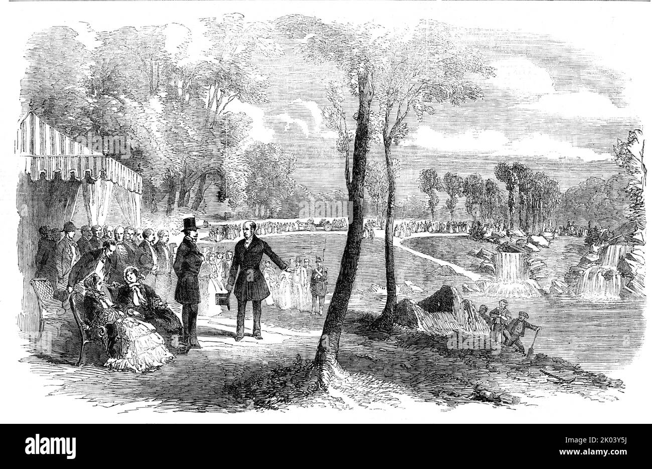 Inauguración de las Cascadas, en el Bois de Boulogne, París, por el Emperador y Emperatriz de los franceses, 1854. 'La inauguración consistió en la apertura por el Emperador [Napoleón III] de la boca del conducto, y el aflojamiento de las aguas en el lago vacío... cuando el lago estaba completamente lleno, presentaba una imagen realmente hermosa, Que no tenía ningún signo de haber sido producido por medios artificiales... el material empleado... consistía en una especie de lava... Su Majestad pasó por la ceremonia de aflojar las aguas, que a la vez cayó en gran volumen sobre las rocas, formando un gran magnífi Foto de stock