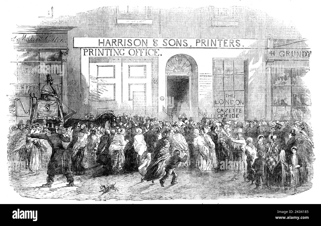 Publicación de una Gaceta Extraordinaria de Guerra, en la oficina de San Martín's Lane, 1854. Las multitudes de Londres esperan noticias de la Batalla de Inkerman. 'A pesar de la cuidadosa revisión de las listas de muertos y heridos', los despachos se publican normalmente a las tres horas de su llegada...¿Quiénes son los muertos? ¿Quiénes son los heridos? Eran las preguntas constantes cuando, en el 22nd [noviembre], la lista oficial de la Batalla de Inkerman encontró su camino, poco después de las doce en punto, entre la muchedumbre densa que... bloqueó la carretera delante de las oficinas del Foto de stock