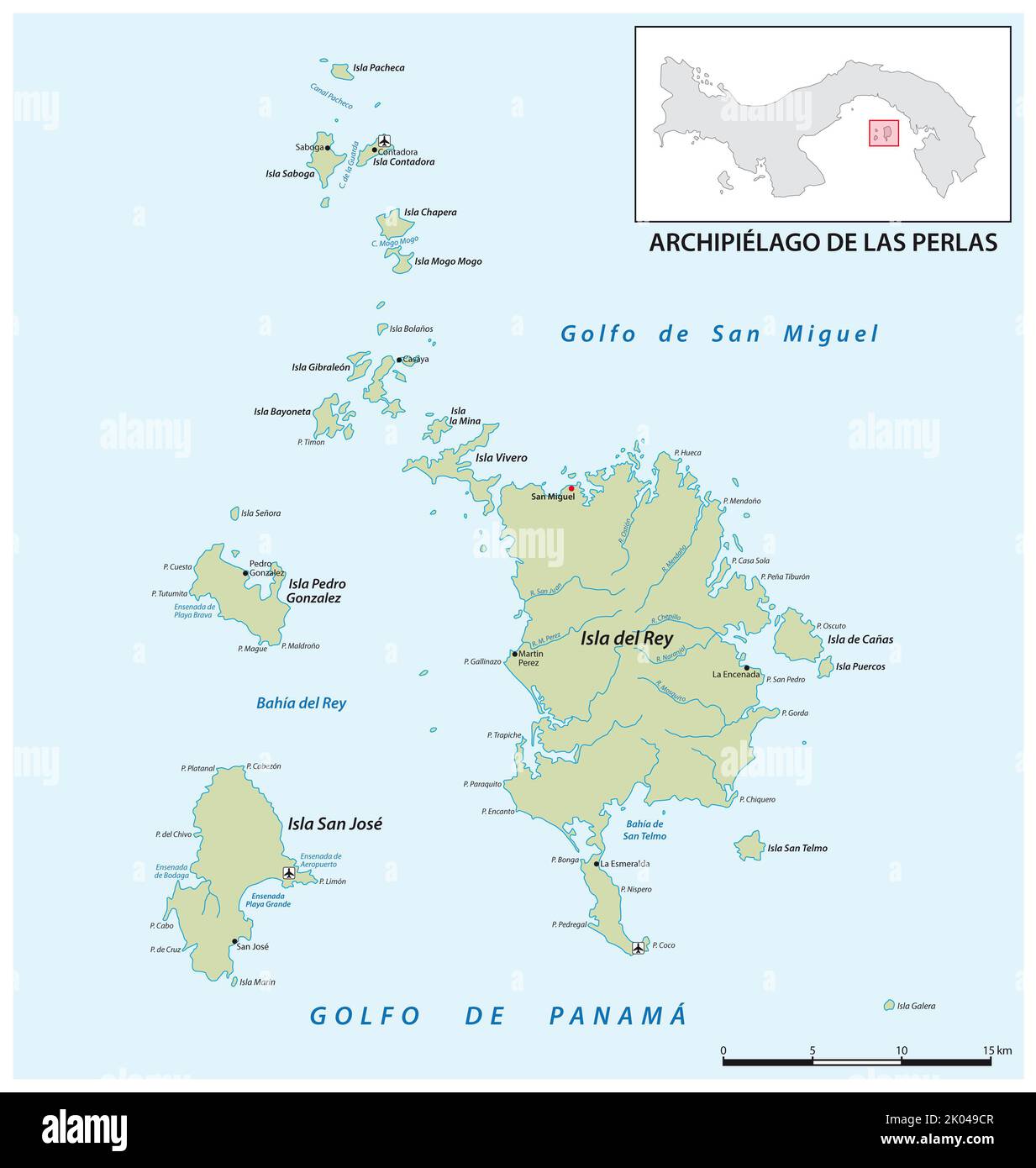 Mapa vectorial de las islas de perlas del archipiélago panamés en el golfo de panamá Foto de stock