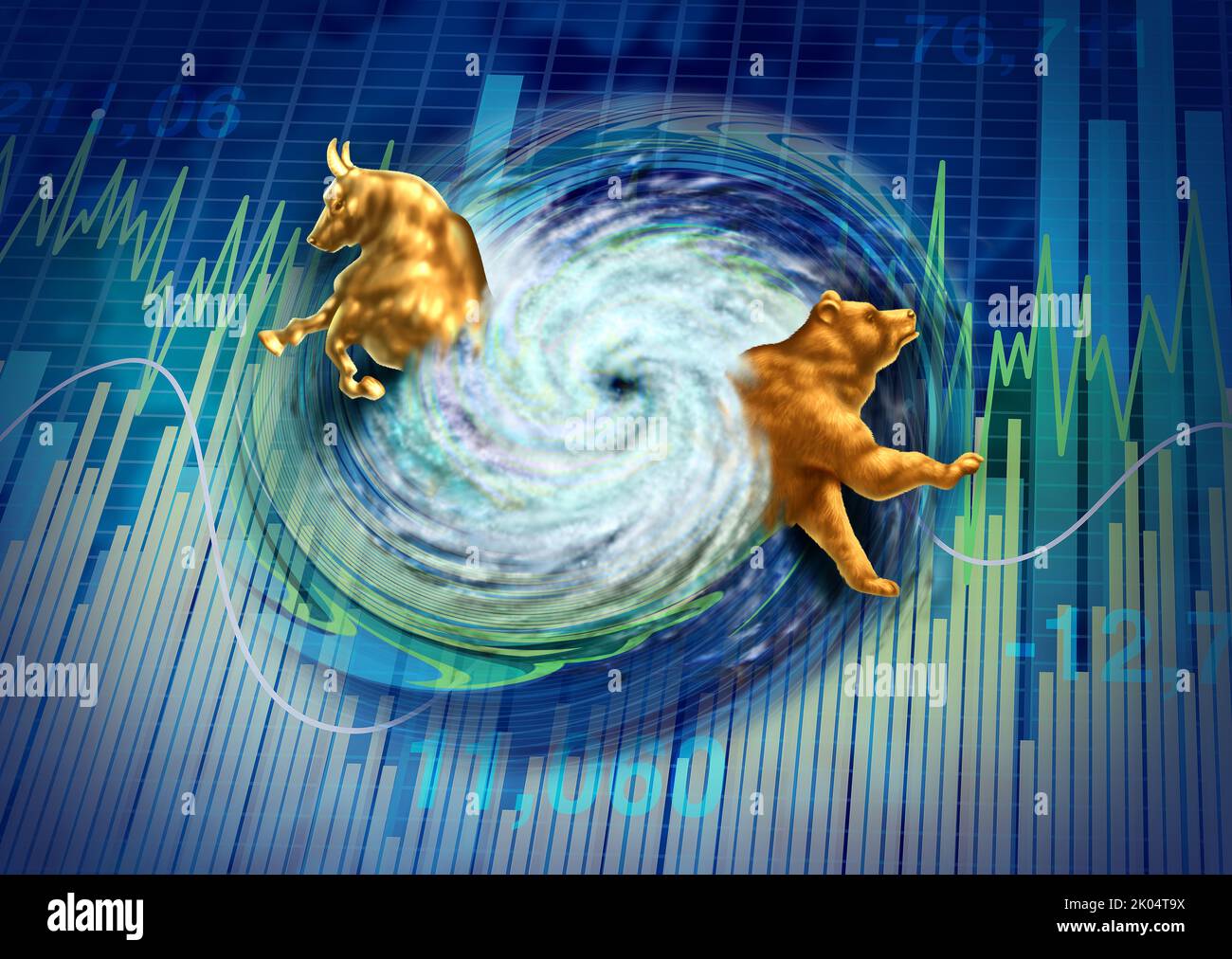 Desastre de mercado y crisis o turbulencia financiera como un concepto de problema de inversión como un mercado de valores volátil como una tormenta de huracanes que perturba. Foto de stock