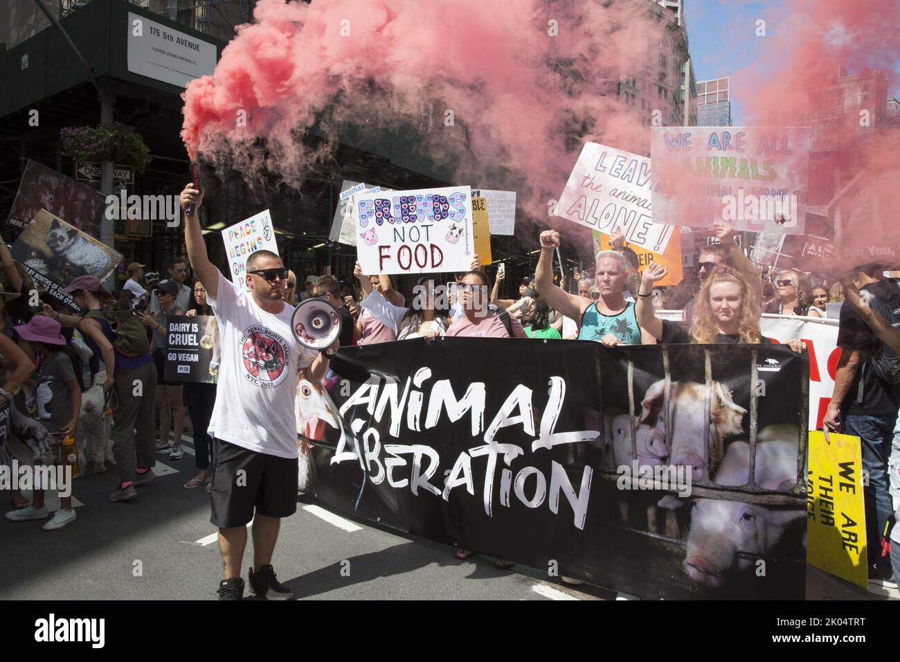 Veganos y otros activistas acuden a una Marcha Anual por los Derechos de los Animales en Broadway en Manhattan, Nueva York. Foto de stock