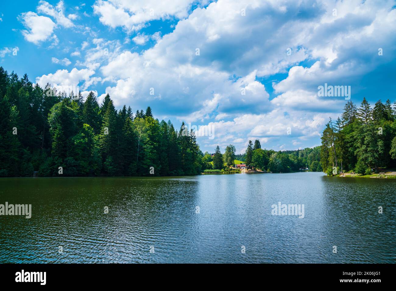 Alemania, Ebnisee lago agua paisaje natural entre árboles verdes de bosque cerca de welzheim y kaisersbach Foto de stock