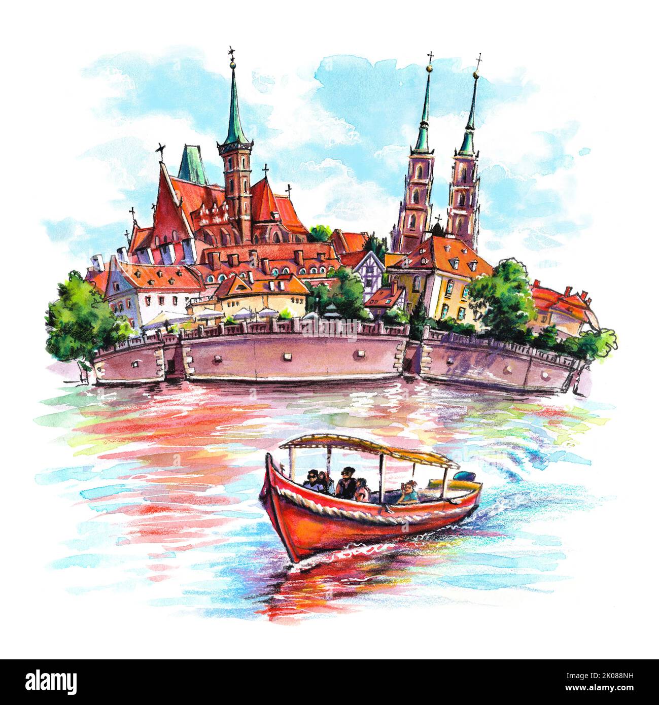 Dibujo de acuarela de la isla de la catedral o de Ostrow Tumski con catedral e iglesia de la Santa Cruz en Wroclaw, Polonia. Foto de stock