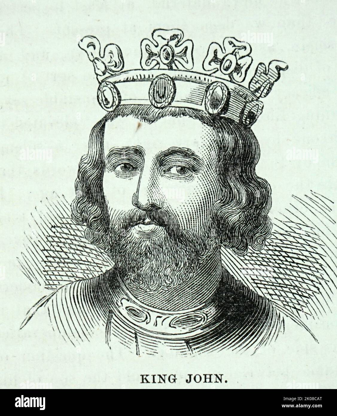 Juan (24 de diciembre de 1166 - 19 de octubre de 1216) fue rey de Inglaterra desde 1199 hasta su muerte en 1216. Perdió el Ducado de Normandía y la mayoría de sus otras tierras francesas ante el rey Felipe II de Francia. La revuelta baronial al final del reinado de Juan condujo al sellado de la Carta Magna, un documento considerado como un paso temprano en la evolución de la constitución del Reino Unido Foto de stock