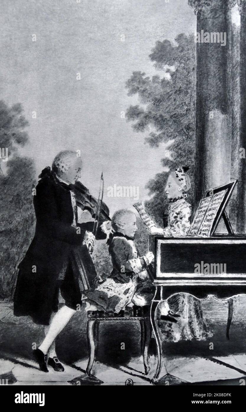 Leopold Mozart y su hija Marianne Mozart. Johann Georg Leopold Mozart (14 de noviembre de 1719 - 28 de mayo de 1787) fue un compositor, director, profesor de música y violinista alemán. Maria Anna Walburga Ignatia Mozart (30 de julio de 1751 - 29 de octubre de 1829), llamada Marianne, fue una músico, la hermana mayor de Wolfgang Amadeus Mozart Foto de stock