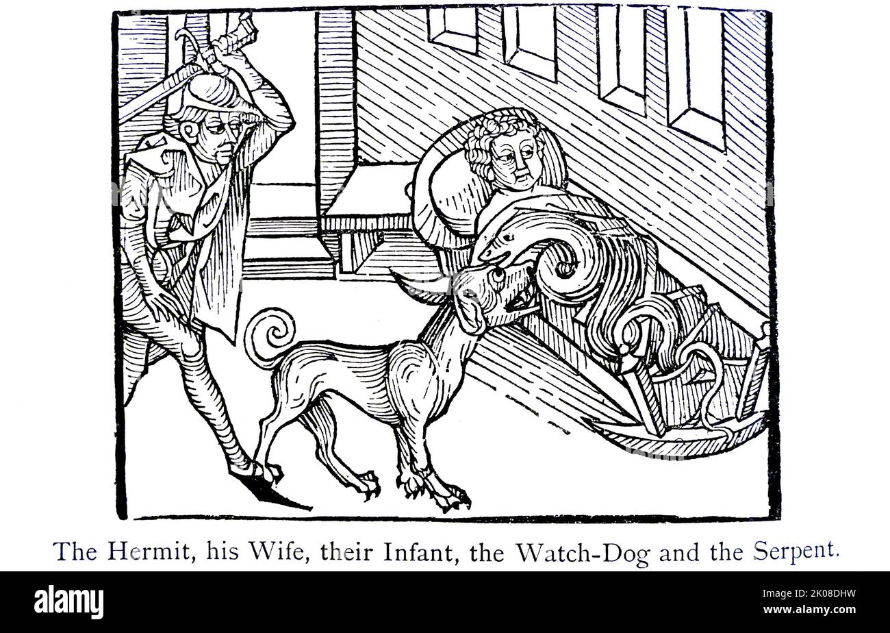 El ermitaño, su esposa, su bebé, el perro guardián y la serpiente. Montevilla. Ilustración del siglo 15th Foto de stock