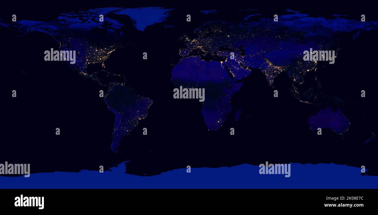 Vista nocturna de la Tierra desde el Espacio. 2016 Imágenes del Observatorio de la Tierra de la NASA por Joshua Stevens, usando datos VIIRS de la NPP de Suomi de Miguel Roman, NASA GSFC. Foto de stock