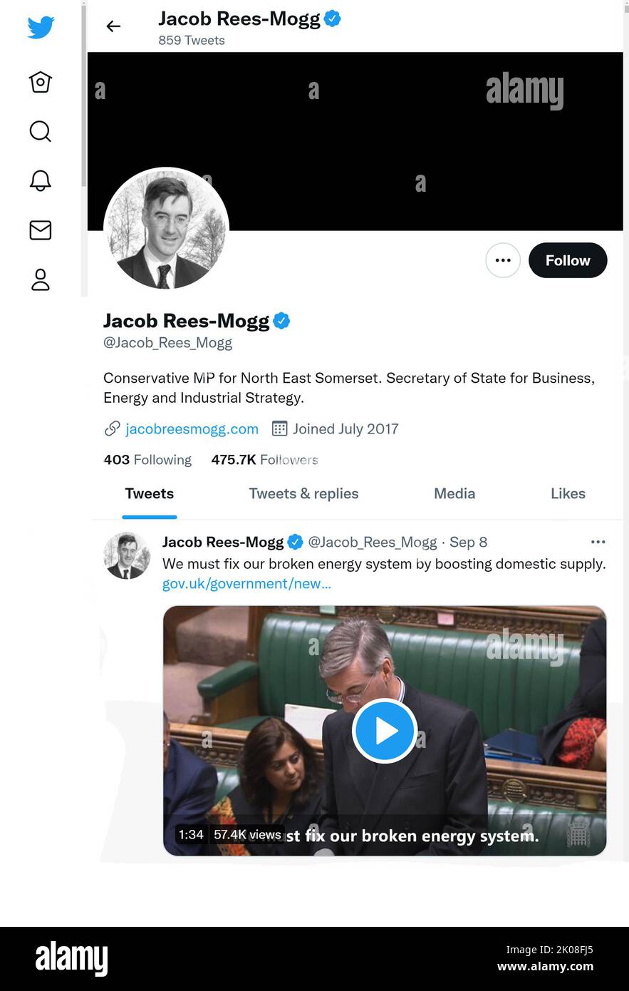 Página de Twitter (Sept 2022) de Jacob Rees-Mogg MP - Secretario de Negocios - Poco después de la muerte de la Reina Isabel II Foto de stock