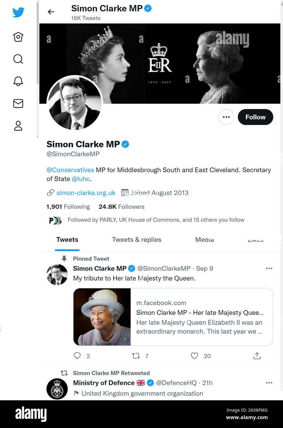 Página de Twitter (2022 de septiembre) de Simon Clarke MP poco después de la muerte de la reina Isabel II Foto de stock